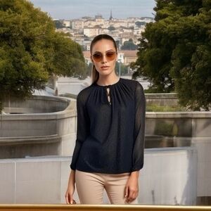 Michael Kors Black Fuzzy Sparkle Textured Blouse S/M Bow Front Long Sleeve EXC